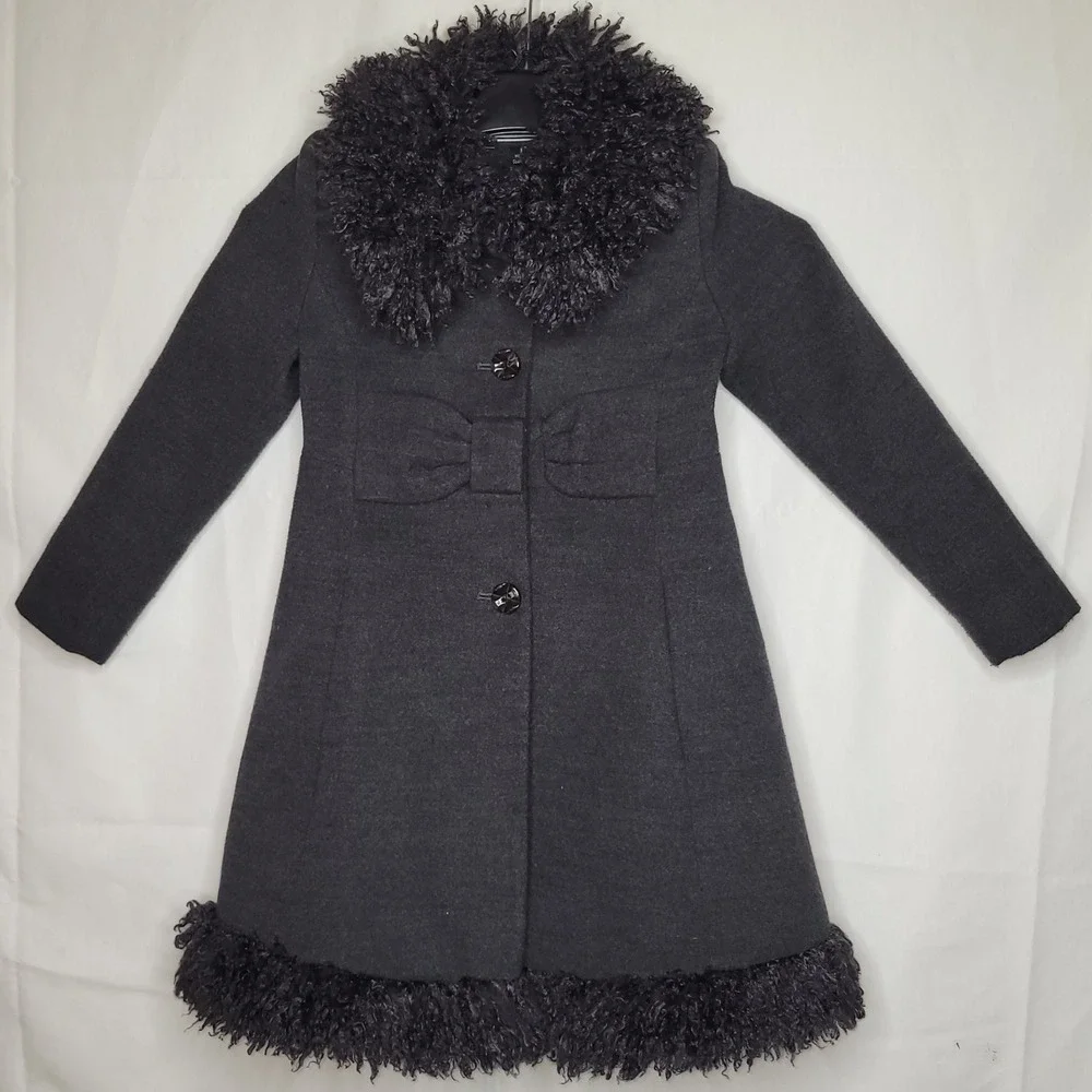 RARE....2013 Rothschild Grey Wool Blend Princess Coat w/ Faux‎ Mongolian Fur